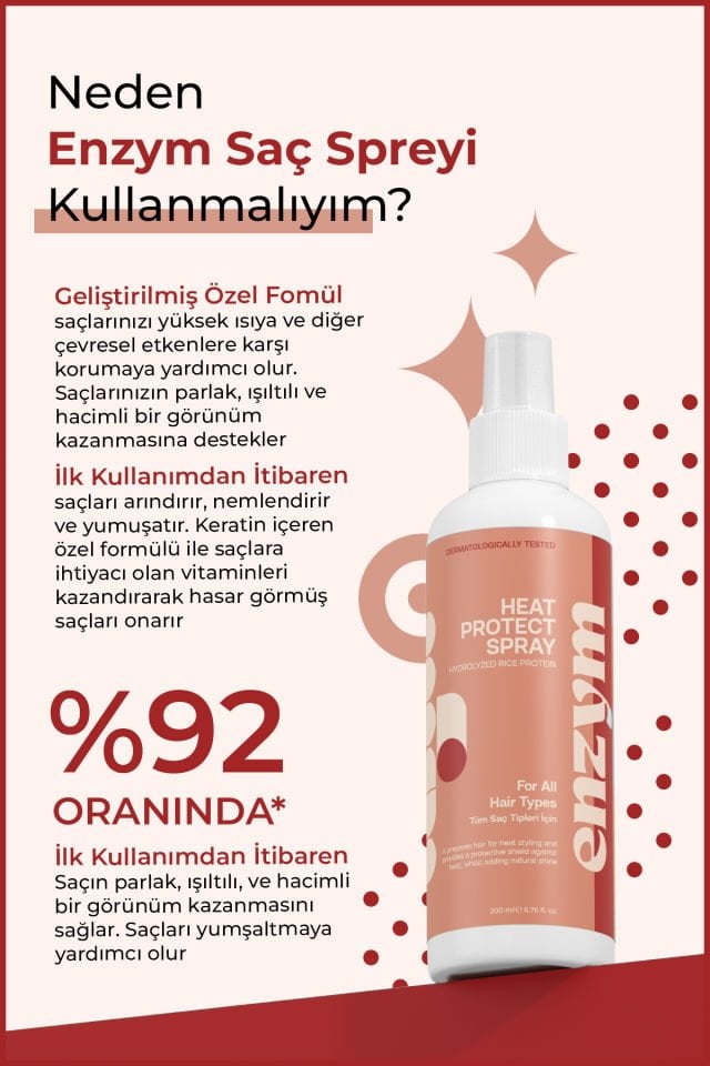 ENZYM COSMETICS Isı ve güneş koruyucu etkili saç spreyi 200 ml (keratin + hidrolize pirinç proteini)